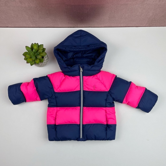 Ralph Lauren Down Feather Puffer Jacket Blue Pink Full Zip Baby Size 9 Months - Picture 1 of 8
